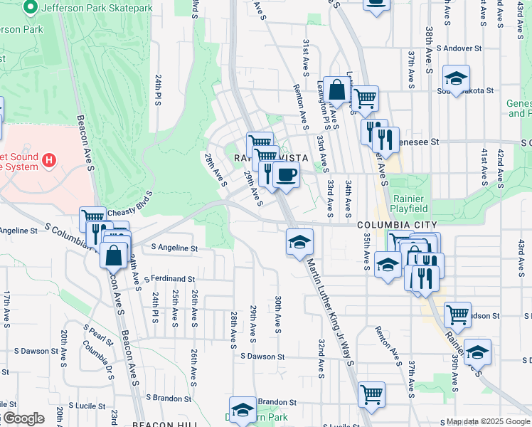 map of restaurants, bars, coffee shops, grocery stores, and more near 2841 South Alaska Place in Seattle