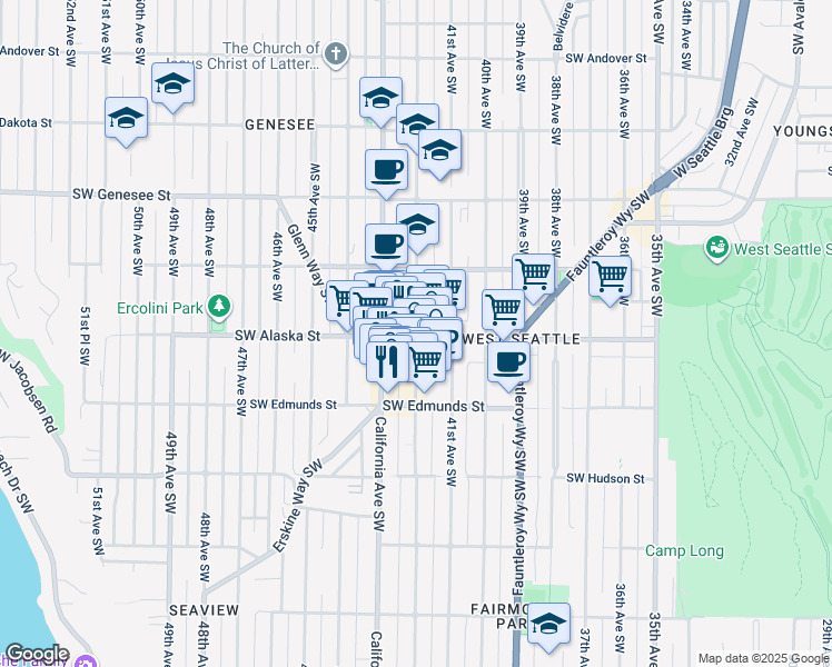 map of restaurants, bars, coffee shops, grocery stores, and more near 4704 42nd Avenue Southwest in Seattle