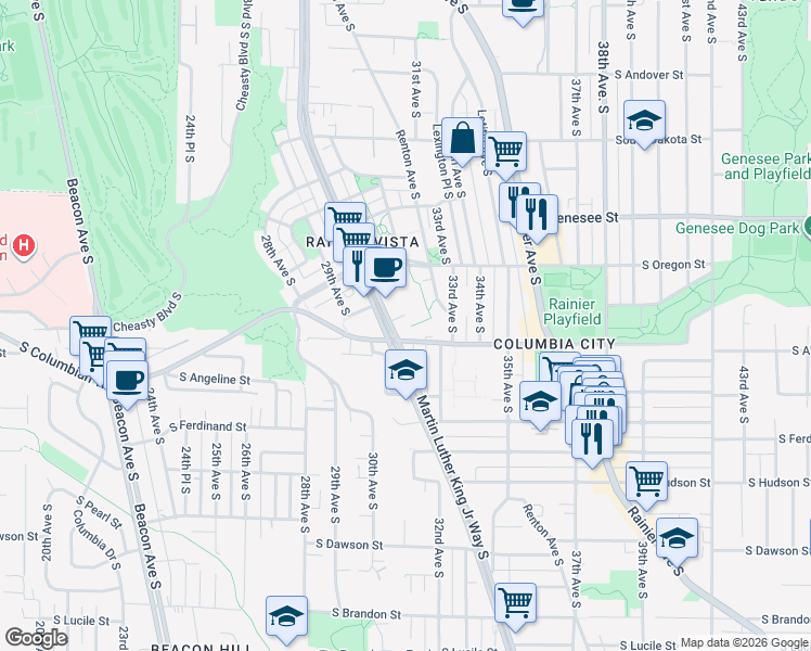 map of restaurants, bars, coffee shops, grocery stores, and more near 3000 South Alaska Street in Seattle