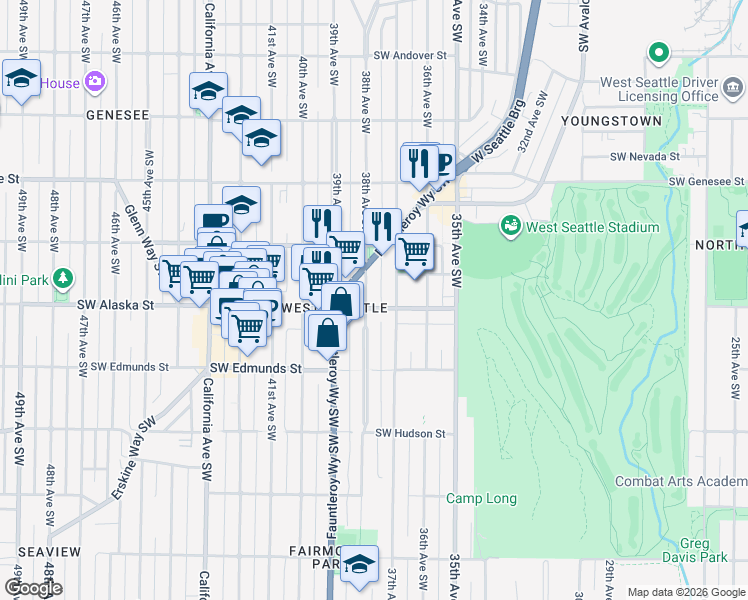 map of restaurants, bars, coffee shops, grocery stores, and more near 4550 38th Avenue Southwest in Seattle