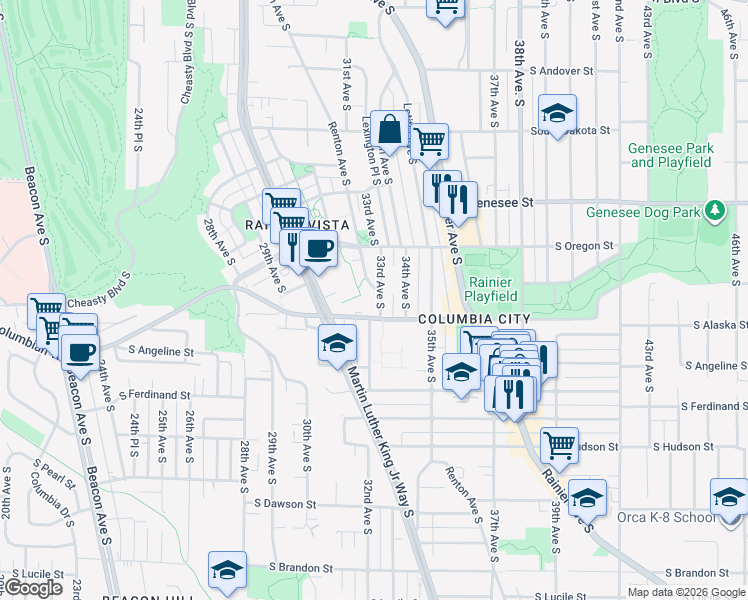 map of restaurants, bars, coffee shops, grocery stores, and more near 4521 Renton Avenue South in Seattle