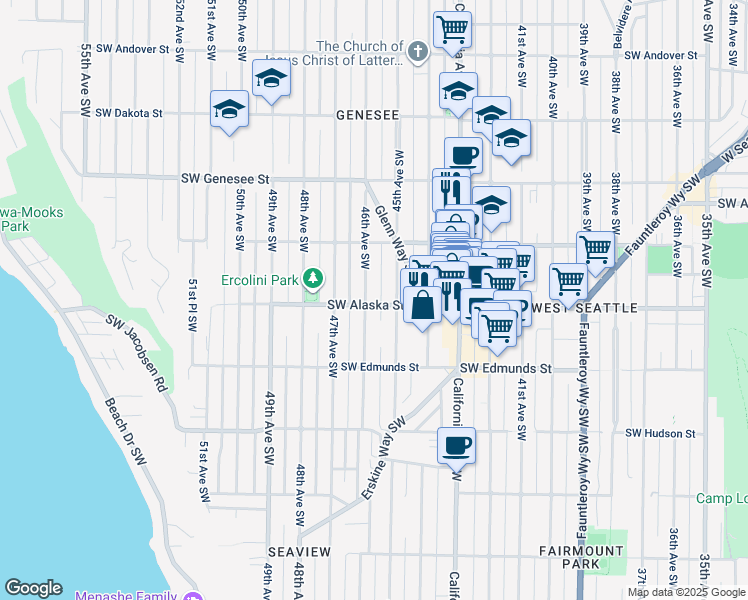 map of restaurants, bars, coffee shops, grocery stores, and more near 4527 46th Avenue Southwest in Seattle