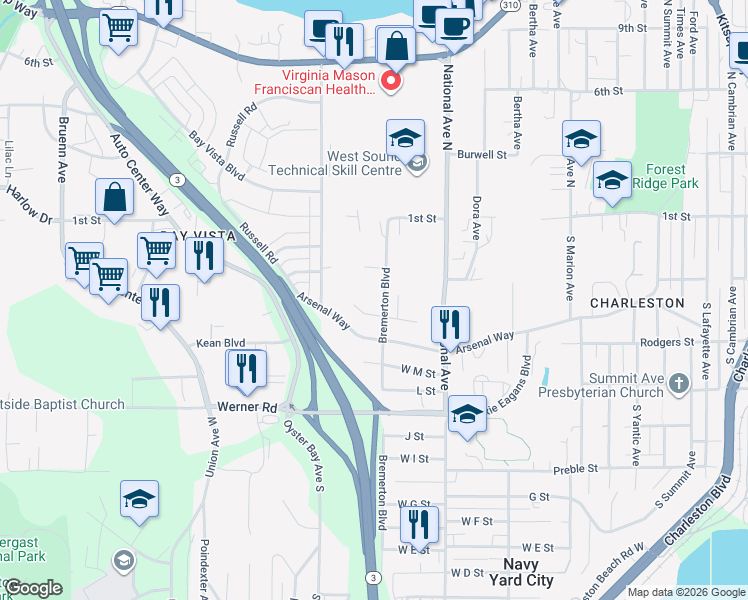 map of restaurants, bars, coffee shops, grocery stores, and more near 4311 O Street in Bremerton