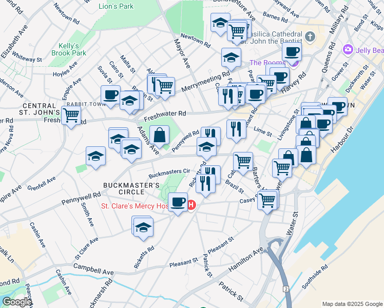 map of restaurants, bars, coffee shops, grocery stores, and more near 44 Prince of Wales Street in St. John's