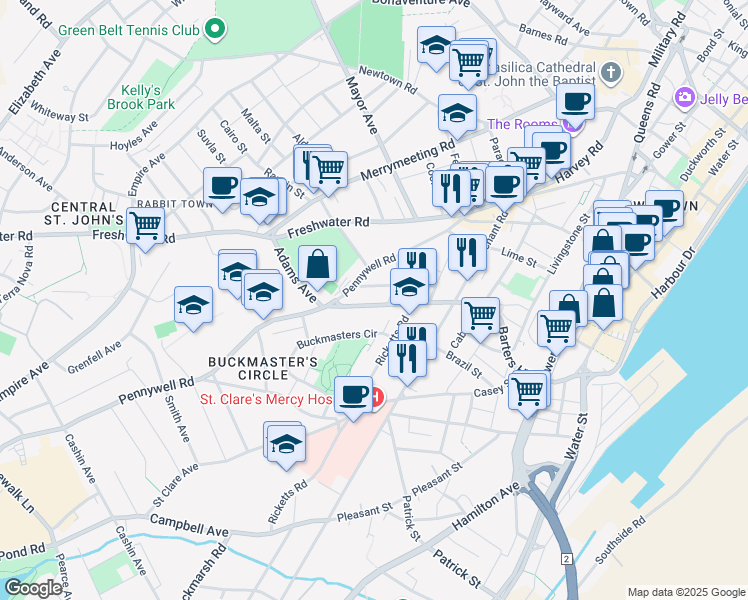 map of restaurants, bars, coffee shops, grocery stores, and more near 52 Prince of Wales Street in St. John's