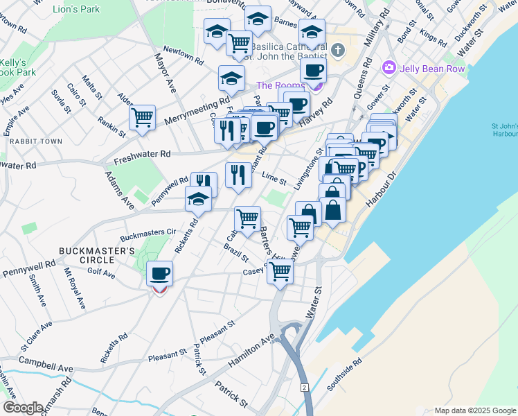 map of restaurants, bars, coffee shops, grocery stores, and more near 38 Barters Hill Place in St. John's