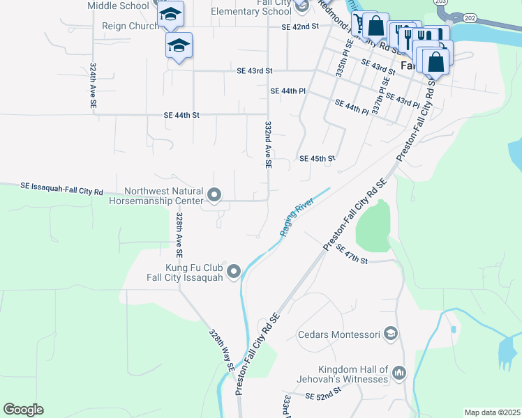 map of restaurants, bars, coffee shops, grocery stores, and more near 33116 Southeast Issaquah-Fall City Road in Fall City