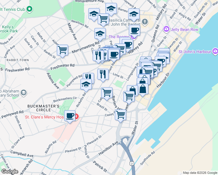 map of restaurants, bars, coffee shops, grocery stores, and more near Cabot Street in St. John's