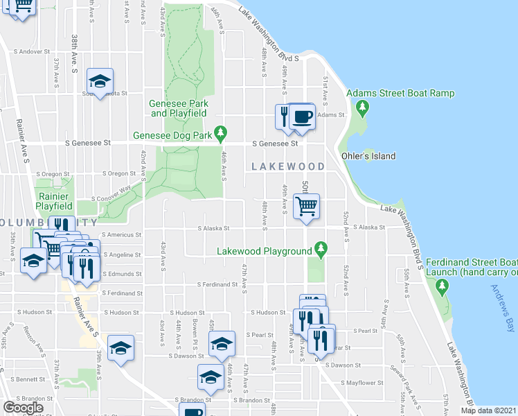 map of restaurants, bars, coffee shops, grocery stores, and more near 4706 South Snoqualmie Street in Seattle