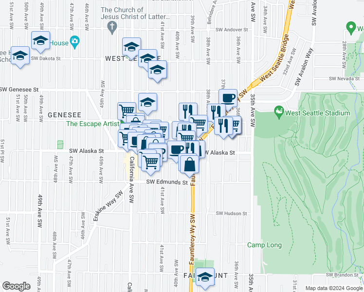 map of restaurants, bars, coffee shops, grocery stores, and more near 3922 Southwest Alaska Street in Seattle