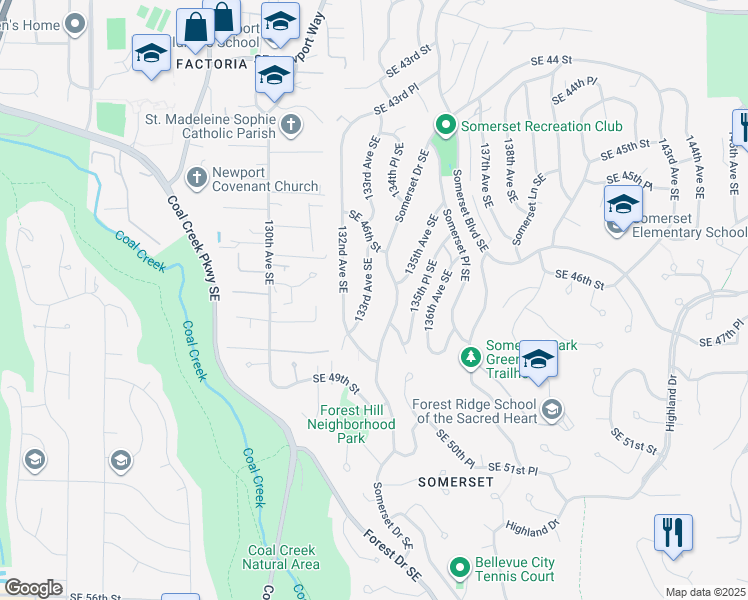 map of restaurants, bars, coffee shops, grocery stores, and more near 4639 133rd Avenue Southeast in Bellevue