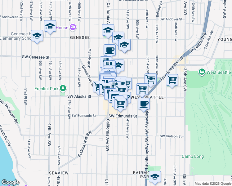 map of restaurants, bars, coffee shops, grocery stores, and more near 4545 42nd Avenue Southwest in Seattle