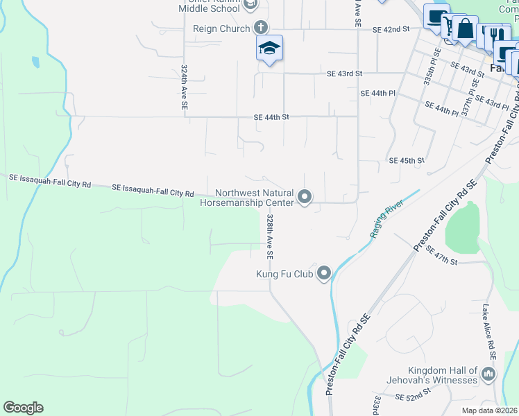 map of restaurants, bars, coffee shops, grocery stores, and more near 32722 Southeast Issaquah-Fall City Road in Fall City