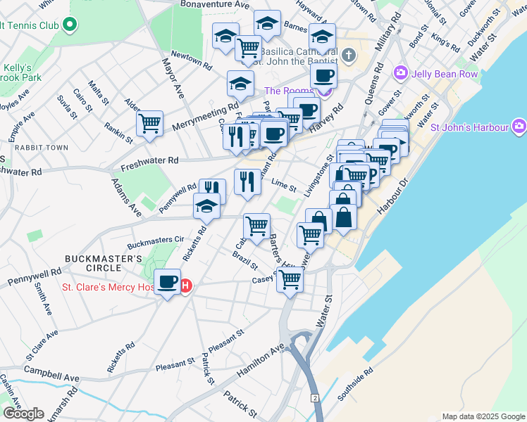map of restaurants, bars, coffee shops, grocery stores, and more near Cabot Street in St. John's