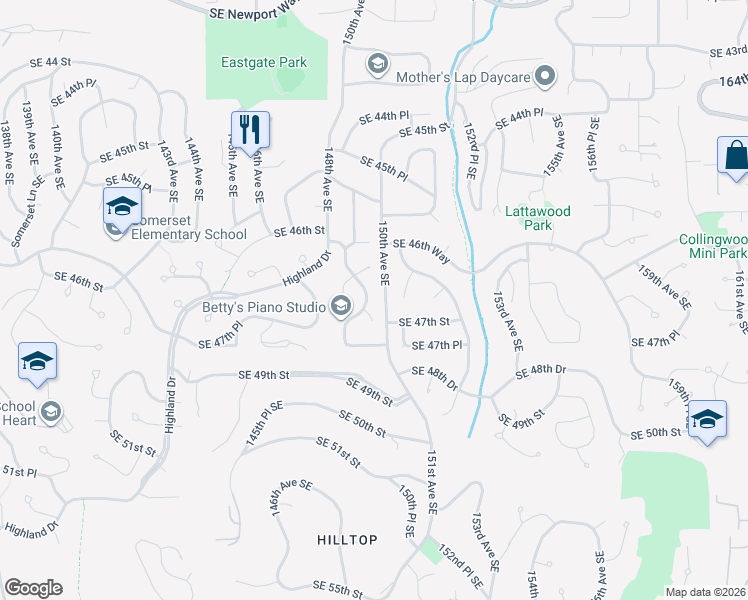 map of restaurants, bars, coffee shops, grocery stores, and more near 4696 149th Avenue Southeast in Bellevue