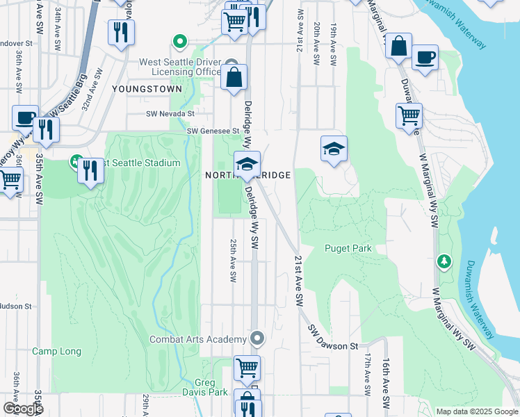 map of restaurants, bars, coffee shops, grocery stores, and more near 4534 Delridge Way Southwest in Seattle
