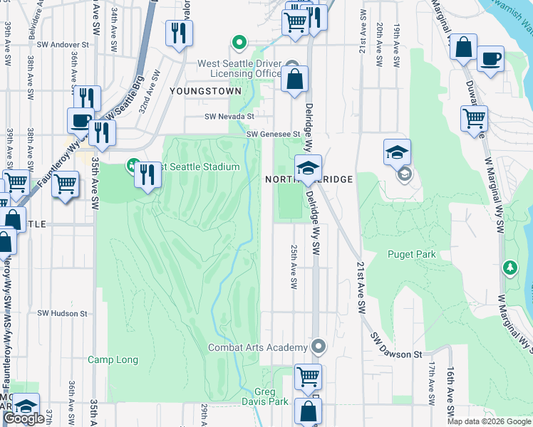 map of restaurants, bars, coffee shops, grocery stores, and more near 4529 26th Avenue Southwest in Seattle