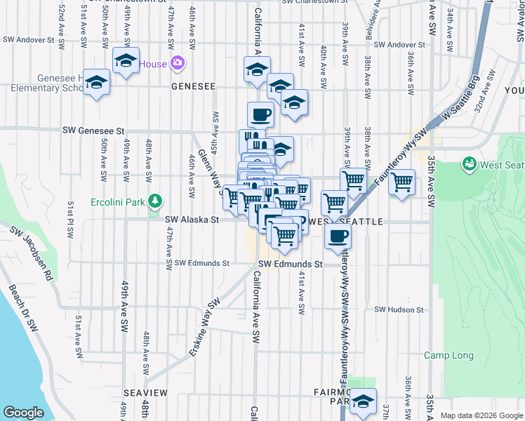 map of restaurants, bars, coffee shops, grocery stores, and more near 4546 1/2 California Avenue Southwest in Seattle