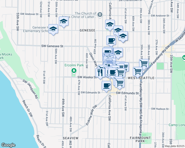 map of restaurants, bars, coffee shops, grocery stores, and more near 4557 45th Avenue Southwest in Seattle