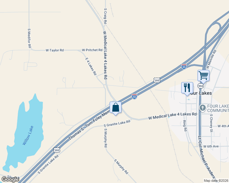 map of restaurants, bars, coffee shops, grocery stores, and more near 13914 West Medical Lake 4 Lakes Road in Cheney