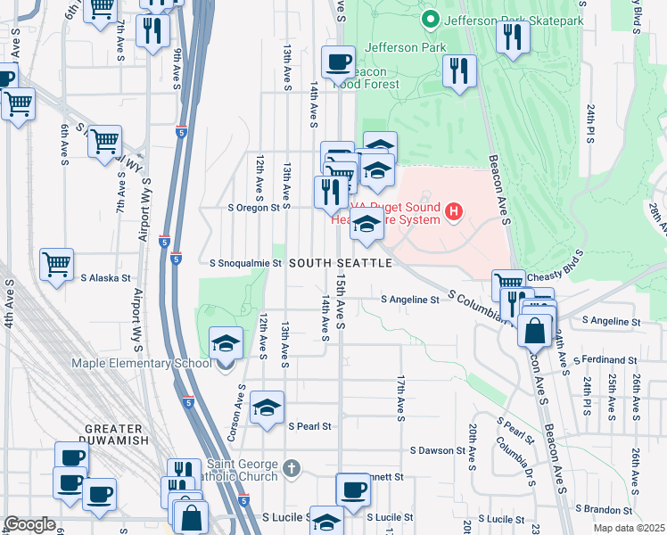 map of restaurants, bars, coffee shops, grocery stores, and more near 4548 14th Avenue South in Seattle