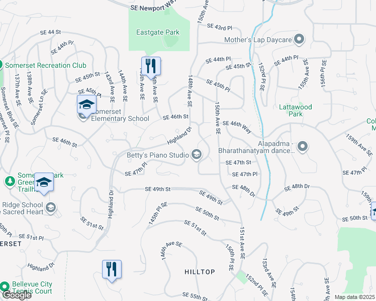 map of restaurants, bars, coffee shops, grocery stores, and more near 4648 147th Place Southeast in Bellevue
