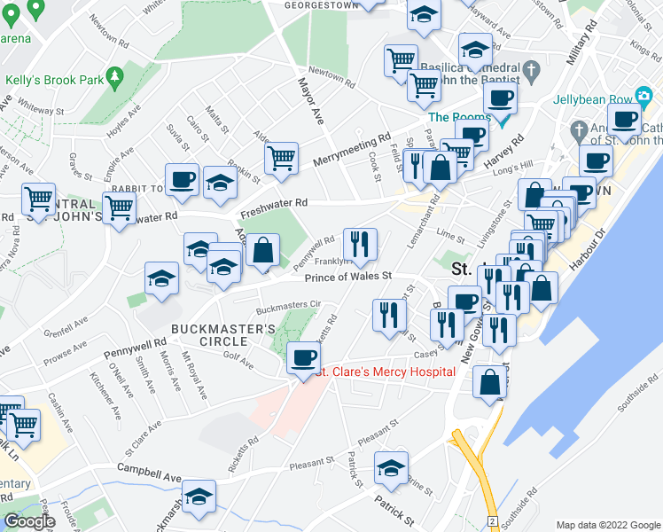map of restaurants, bars, coffee shops, grocery stores, and more near 41 Franklyn Avenue in St. John's