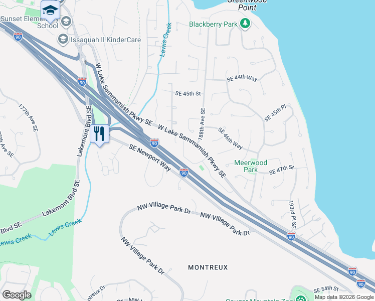 map of restaurants, bars, coffee shops, grocery stores, and more near 4615 West Lake Sammamish Parkway Southeast in Issaquah