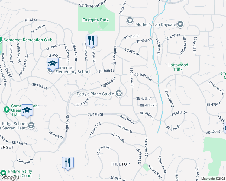 map of restaurants, bars, coffee shops, grocery stores, and more near 4648 147th Place Southeast in Bellevue