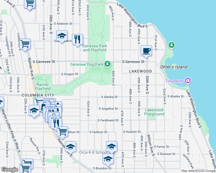 map of restaurants, bars, coffee shops, grocery stores, and more near 4544 South Snoqualmie Street in Seattle