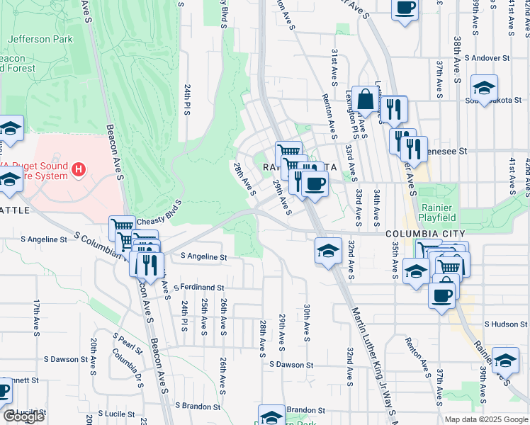 map of restaurants, bars, coffee shops, grocery stores, and more near 2815 South Columbian Way in Seattle