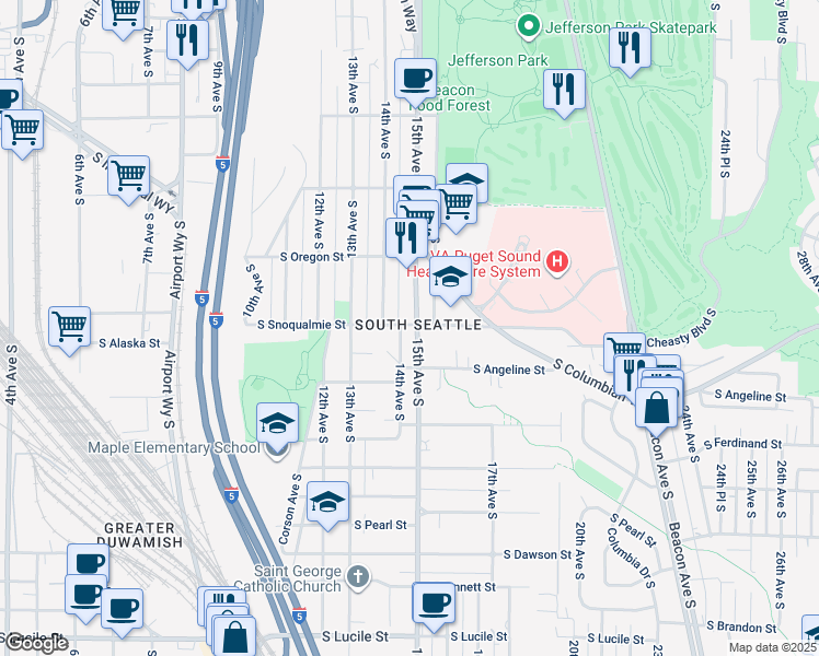 map of restaurants, bars, coffee shops, grocery stores, and more near 4548 14th Avenue South in Seattle