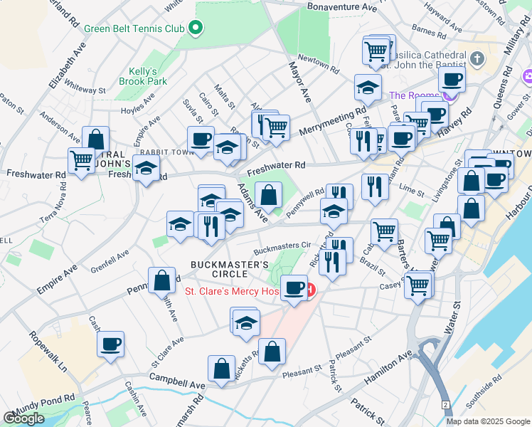 map of restaurants, bars, coffee shops, grocery stores, and more near 8 Adams Avenue in St. John's