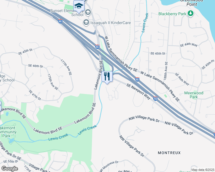 map of restaurants, bars, coffee shops, grocery stores, and more near 18305 Southeast Newport Way in Issaquah