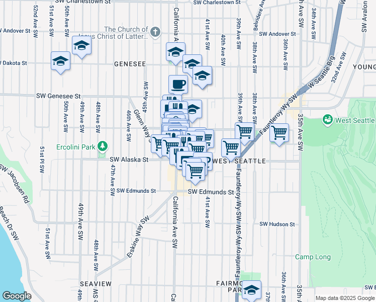 map of restaurants, bars, coffee shops, grocery stores, and more near 4545 42nd Avenue Southwest in Seattle