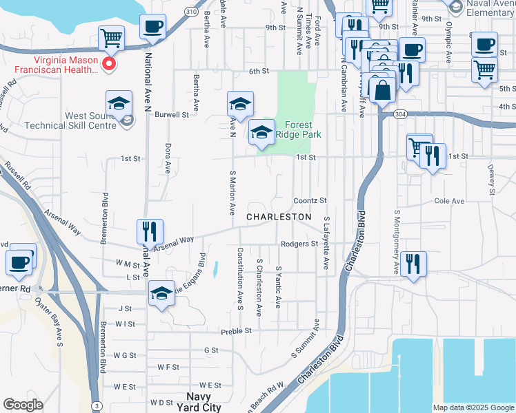 map of restaurants, bars, coffee shops, grocery stores, and more near 3343 New Hope Circle in Bremerton