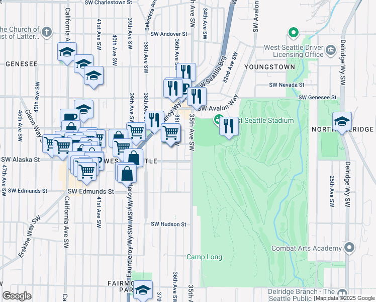 map of restaurants, bars, coffee shops, grocery stores, and more near 4611 35th Avenue Southwest in Seattle
