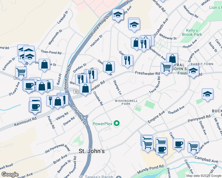 map of restaurants, bars, coffee shops, grocery stores, and more near 14 Thetis Place in Saint John's