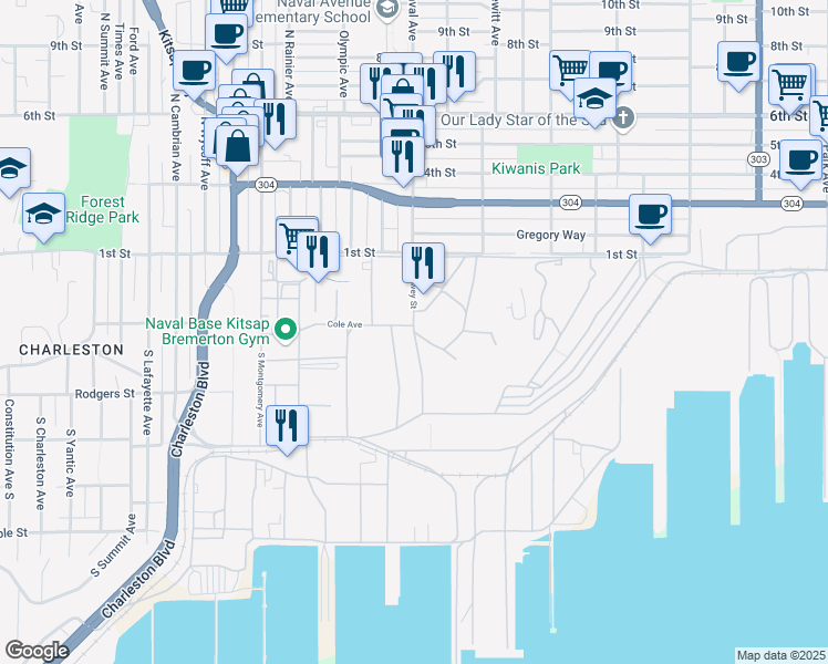 map of restaurants, bars, coffee shops, grocery stores, and more near Dewey Street in Bremerton