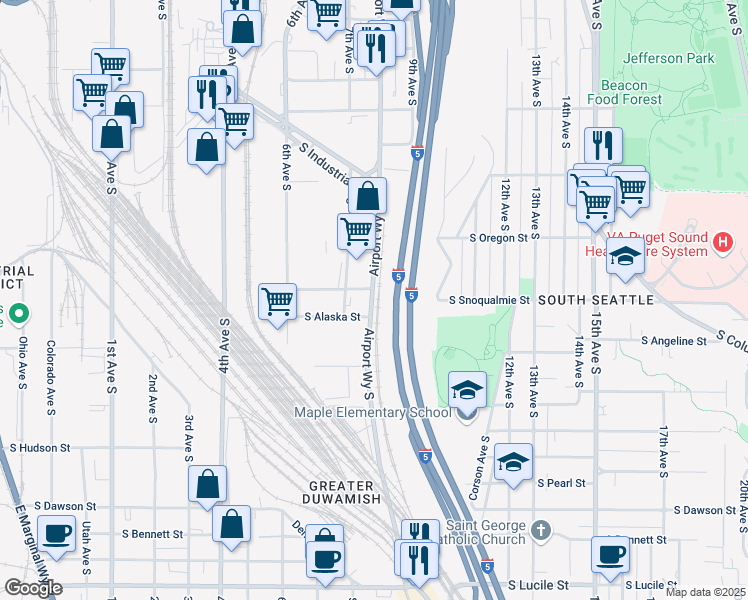 map of restaurants, bars, coffee shops, grocery stores, and more near 712 South Snoqualmie Street in Seattle