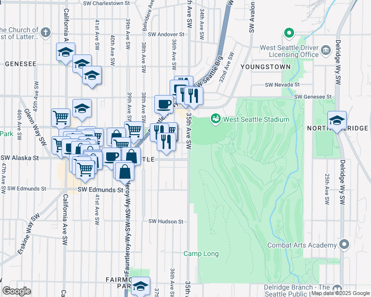 map of restaurants, bars, coffee shops, grocery stores, and more near 62 Southwest Snoqualmie Street in Seattle