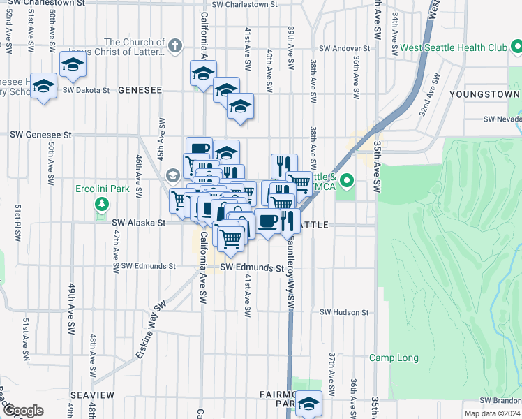 map of restaurants, bars, coffee shops, grocery stores, and more near 4529 40th Avenue Southwest in Seattle