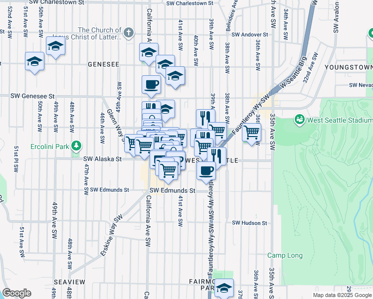 map of restaurants, bars, coffee shops, grocery stores, and more near 4529 40th Avenue Southwest in Seattle