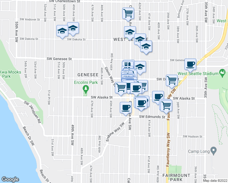 map of restaurants, bars, coffee shops, grocery stores, and more near 4527 45th Avenue Southwest in Seattle