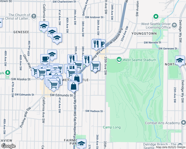 map of restaurants, bars, coffee shops, grocery stores, and more near 4601 37th Avenue Southwest in Seattle