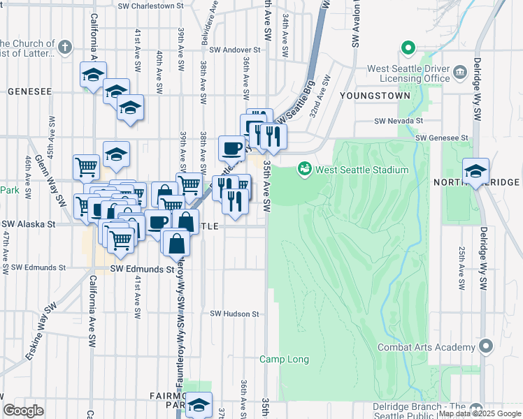 map of restaurants, bars, coffee shops, grocery stores, and more near 4611 35th Avenue Southwest in Seattle