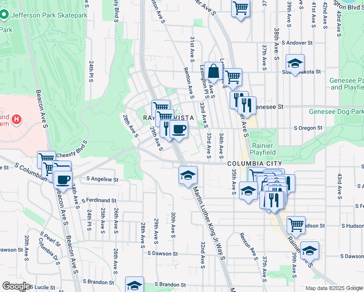 map of restaurants, bars, coffee shops, grocery stores, and more near 4560 Martin Luther King Junior Way South in Seattle