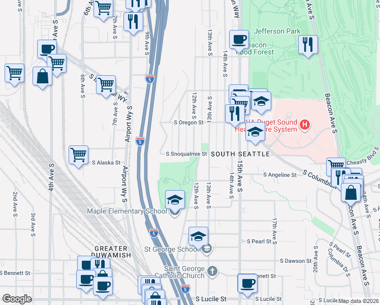 map of restaurants, bars, coffee shops, grocery stores, and more near 4555 12th Avenue South in Seattle