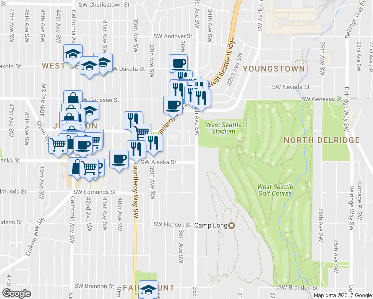 map of restaurants, bars, coffee shops, grocery stores, and more near 4600 36th Avenue Southwest in Seattle