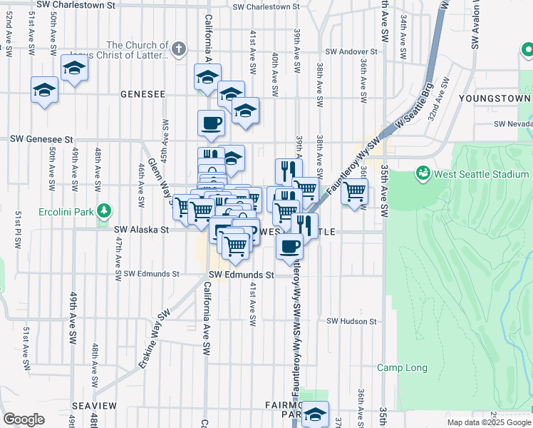 map of restaurants, bars, coffee shops, grocery stores, and more near 4529 40th Avenue Southwest in Seattle